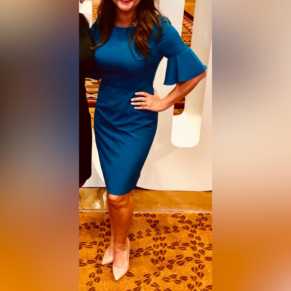 Preston & York Size 8 -3/4 Sleeves Sleeve Sheath Dress- Teal